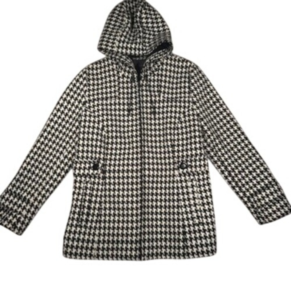 Covington Houndstooth Hooded Coat XL Women Black White Wool Blend Zip Up